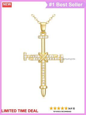 14K Gold Nail Cross Pendant Necklace Cable Chain Religious Jewelry Gift